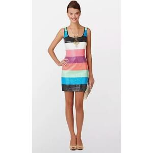 Lilly Pulitzer Lucy Sequin Multi Printed Stripes Colorblock Shift Dress, Size 2